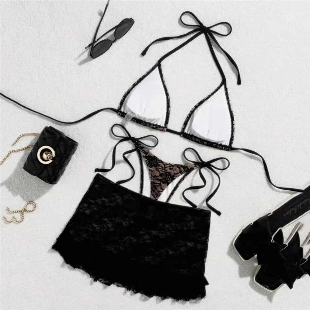 Triangle String Halter Bikinis Sets 3 Pieces Black Lace Mesh Swimwear Thong Sexy Swimsuit Cove Up Women 2026 Bathing Suit Bikini
