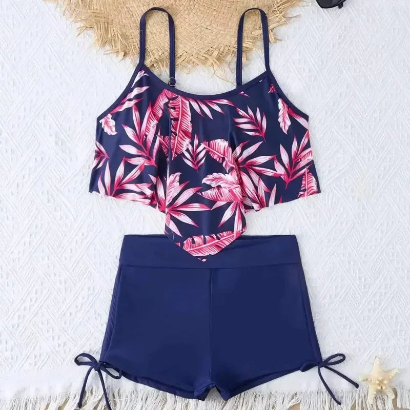 New Green Orange Ruffle Tankini Sets Swimwear High Waist Women Two Pieces Swimsuit Summer Drawstring Sporty Shorts Bathing Suits