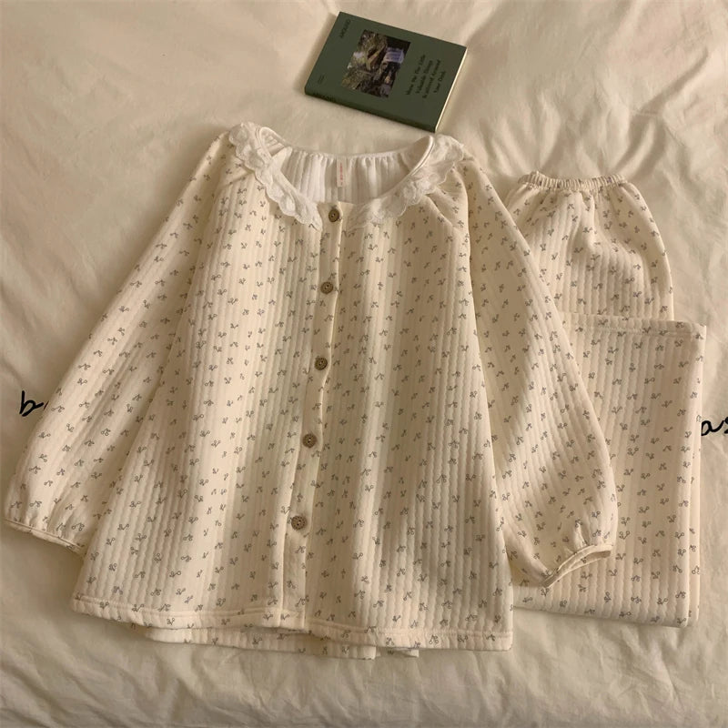 Plus Size Air Cotton Long Sve Thiened Cotton Lace Floral Home Clothes Set for Women Sweet Sle Autumn Winter Pjamas for Women