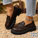 Women Metal Buckle Platform Loafer Shoes Slip On Chunky Lug Sole Round Toe Vintage Preppy Casual Dress Shoes