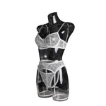 Toucheart Sexy Lingerie Set for Women Solid Color Mesh See-through Plunge Women's Sexy Garters Interesting Underwear 3-piece Set