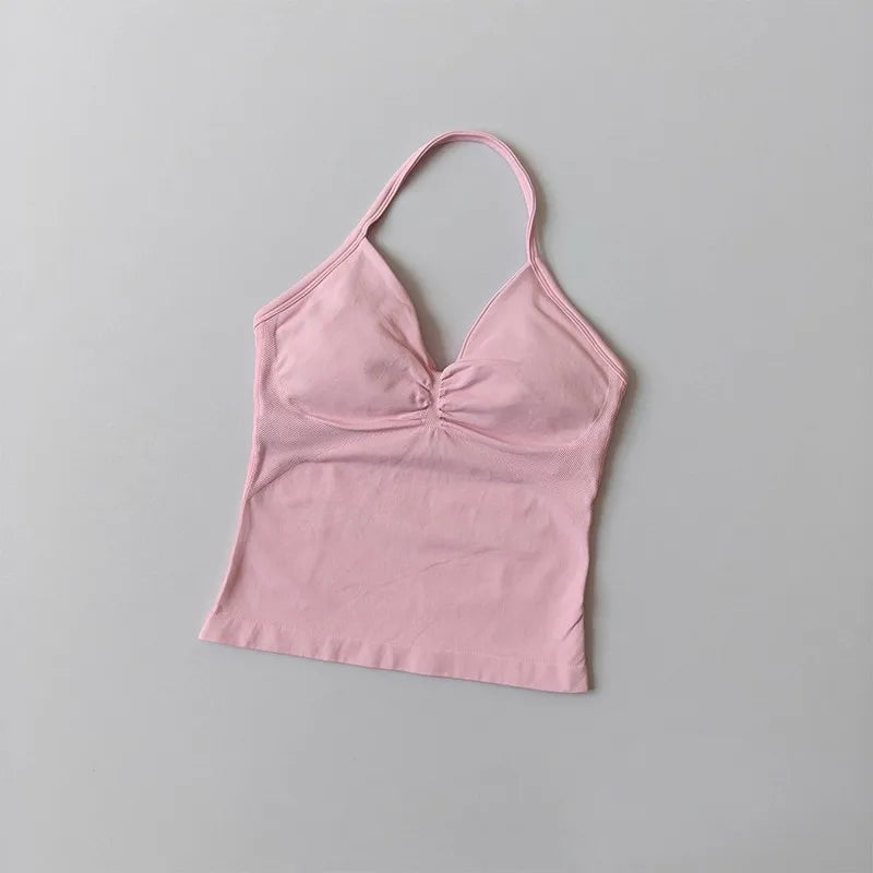 Women's Backless Yoga Sports Vest Neck Hanging Sexy Fitness Pilates Tight Long Top Gathered Sports Bra for Yoga