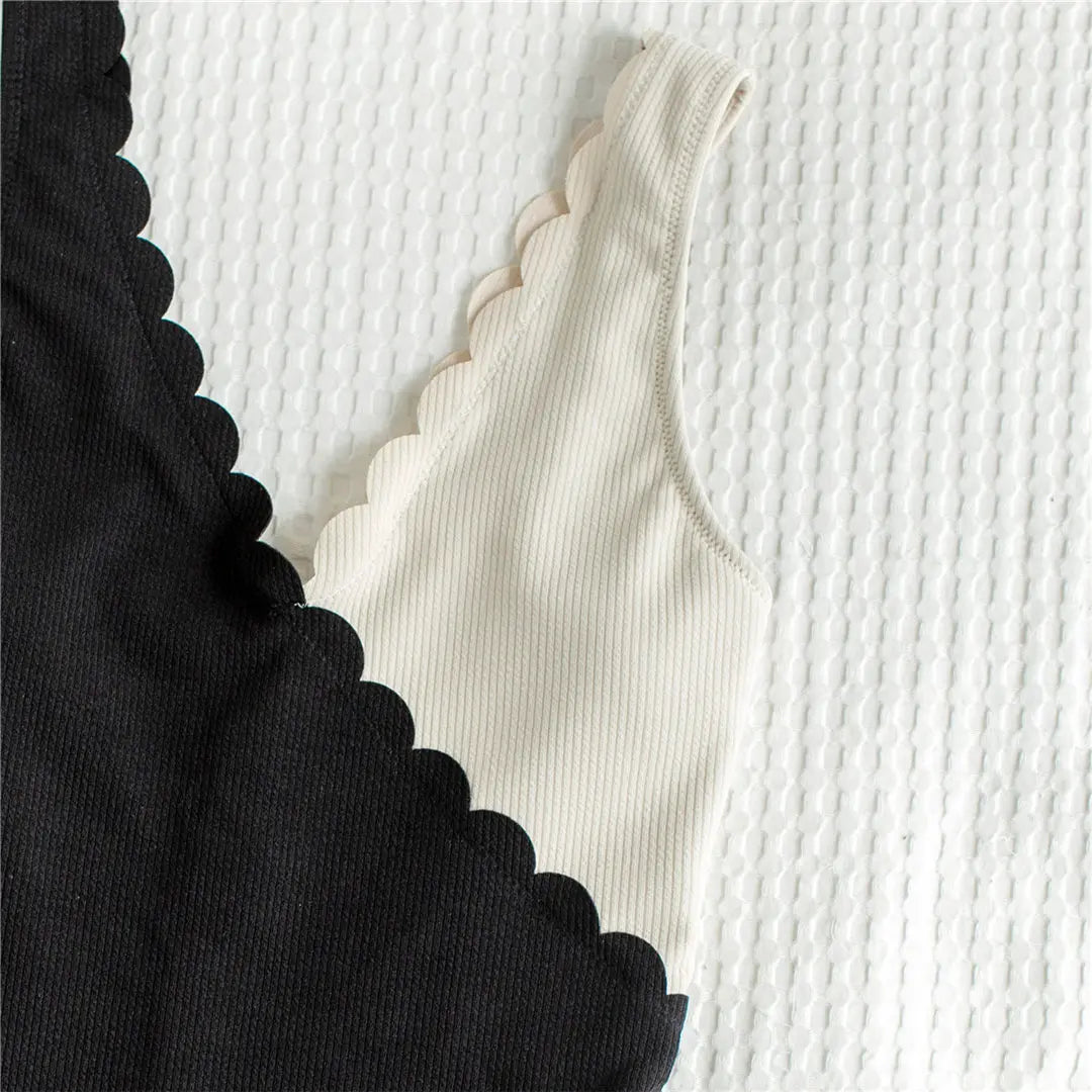 New Sexy Scalloped Splicing High Cut One Piece Swimsuit Women Swimwear Female Ribbed Bather Bathing Suit Swim Lady V2425