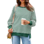 Long Sleeve Crewneck T-Shirt Split Hem Women Striped Oversized Sweatshirt Waffle Knitted Tunic Top Casual Women Sweater
