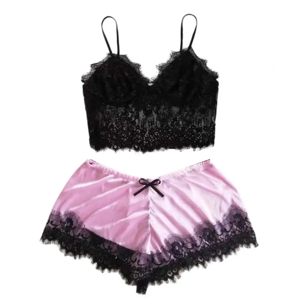 Women Pajama Set Lace Pajama Top Satin Shorts With Black Silk Bow And Lace Trim Sexy Lace Camisole Set Ladies Sleepwear Outfit
