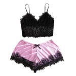Women Pajama Set Lace Pajama Top Satin Shorts With Black Silk Bow And Lace Trim Sexy Lace Camisole Set Ladies Sleepwear Outfit