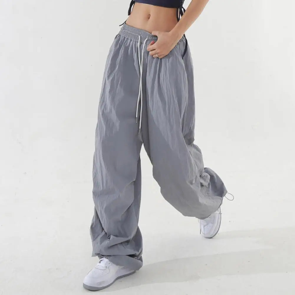 Women Sport Pants Wide Leg Elastic Waist Adjustable Drawstring Long Pants Solid Color Leisure Travel Cargo Trousers