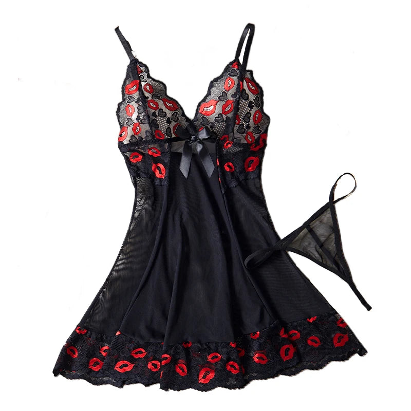 Lace Contrasting Babydoll Dress Underwear With Thongs Night Costumes
