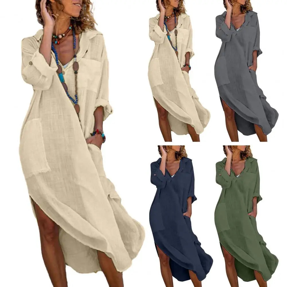 Beach Holiday Dress Women Summer Shirt Dress Lapel V-neck Solid Color Pockets Design Side Split Loose Fit Thin Midi Dress