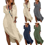 Beach Holiday Dress Women Summer Shirt Dress Lapel V-neck Solid Color Pockets Design Side Split Loose Fit Thin Midi Dress