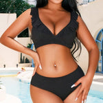 2026 Summer Sexy Deep V Neck Swimsuit Frill Trim High Waist Bikini Set Striped Print Backless Swimwear Bathing Suit Beachwear