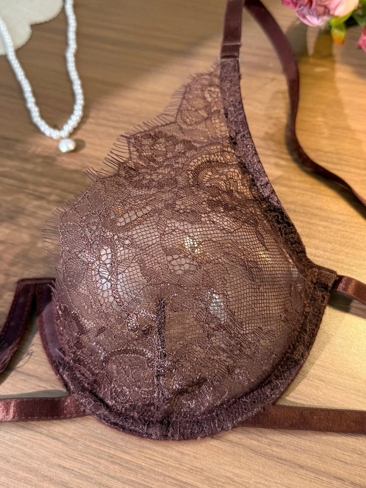 French Vintage Dark Brown Lace Lingerie Set Women Sexy Sheer Mesh Bralette Bra and Panty Thong 2 Piece Sets
