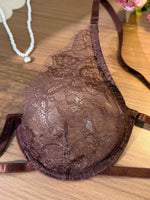 French Vintage Dark Brown Lace Lingerie Set Women Sexy Sheer Mesh Bralette Bra and Panty Thong 2 Piece Sets