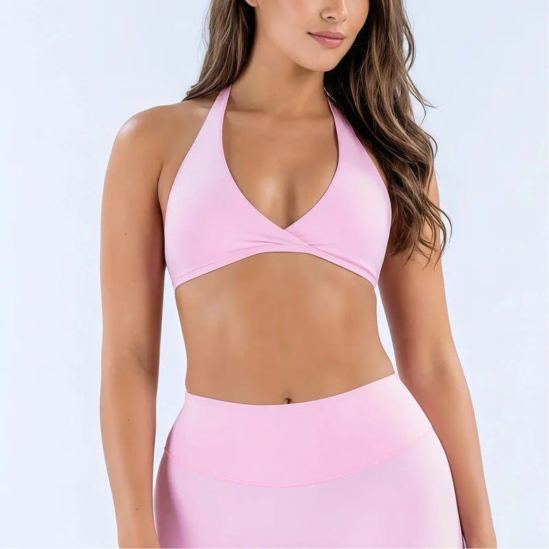 HISTELLO Origin Halter Bra Women Gym Underwear Removable Pads Sports Bra Backless Fitness Top Sexy Pilates Yoga Workout Clothing