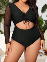 VigoJany 2026 Sexy Black Long Sleeve Plus Size Swimwear Women Hollow Push Up One Piece Swimsuit Patchwork Backless Bathing Suit