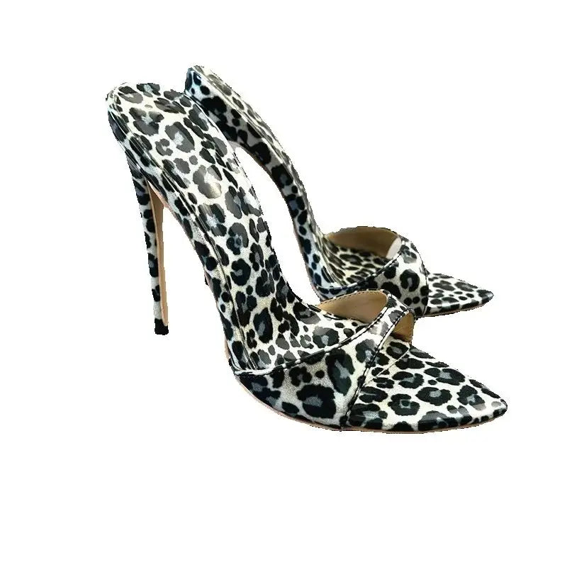 Women's Slippers Summer High Heels Pointed Head Shallow MouthGrey leopard print patent leather Print Sandals Fashion Fine Heels