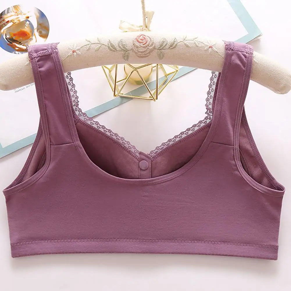 Mid-aged Women Bra Elastic Lace Shoulder Strap Front Button Closure Bra Printed Shockproof Push-up Wireless Mother Bra