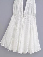 Foridol White Beach Summer Dress Women Backless Cotton Lace Short Autumn Sundress Women Clothing Halter A-line Pleated Dress
