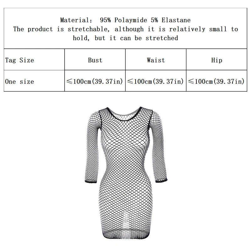 1PC Women Sexy Fishnet Beach Cover Up Long Sleeves Hollow Out Bodycon Dress See Through Summer Swimwear