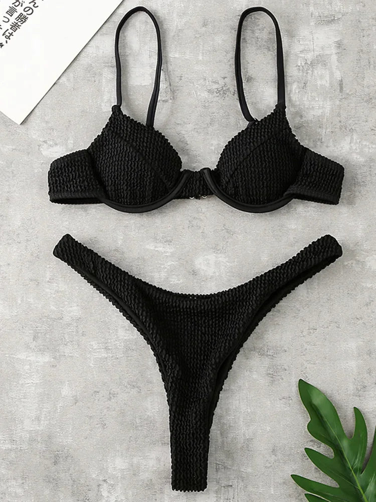 Wrinkled Underwired V-Bar Bikini Swimsuit Female Swimwear Women Two-pieces Bikini set High Cut Bather Bathing Suit Swim Lady