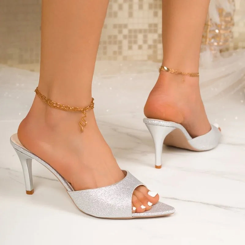 Liyke Patent Leather Women Thin High Heels Modern Slippers Summer Party Banquet Shoes Ladies Sandalias De Mujer
