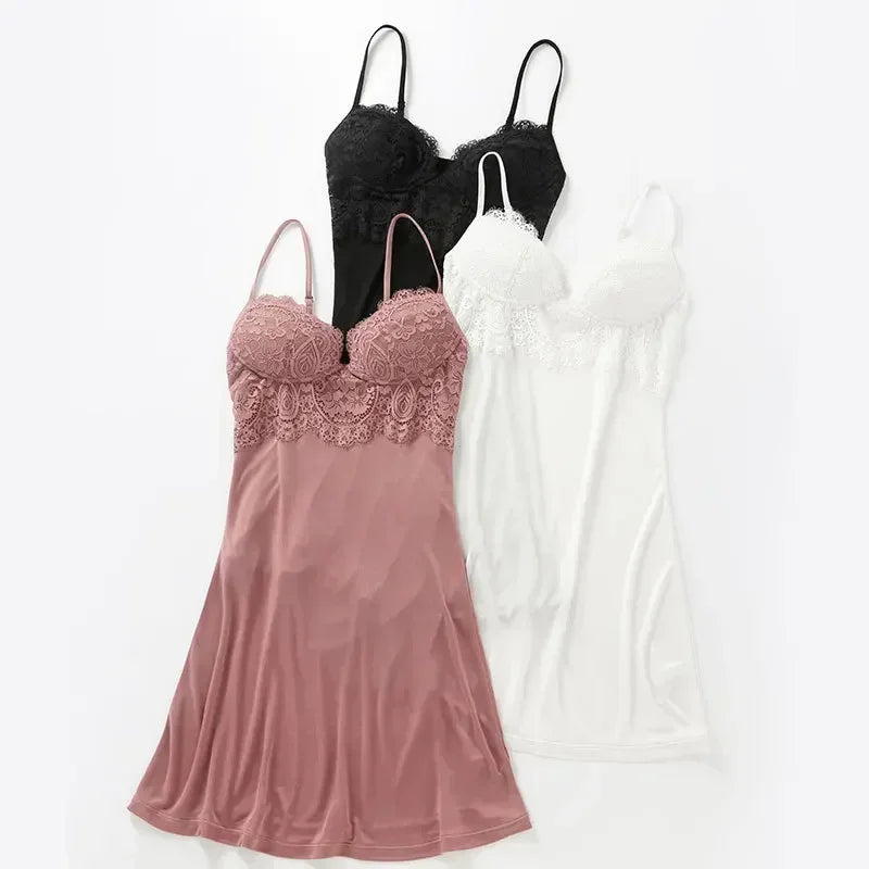 Women's Spring/Summer French style Silk Breathable nightress with Bra sexy Nightgown for Ladies bottoming dress