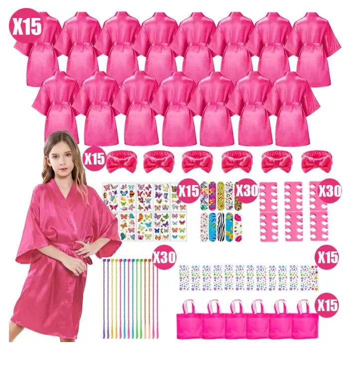 6-15Pcs Spa Party Robes for Girls Supplies Favors Kids Gowns Robe Soft Spa Headband Sleepover Birthday Party