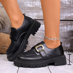 Women Buckle Platform Loafers PU Leather Slip On Chunky Lug Sole Round Toe Casual Office Daily Dress Shoes