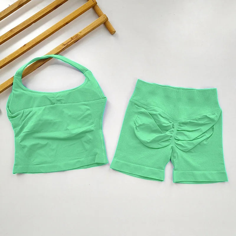 Yoga 2 Pieces Gym Set Women Backless Halter Tops High Waist Seamless Shorts Gym Suit Fitness Sports Bras Sportswear Workout Sets