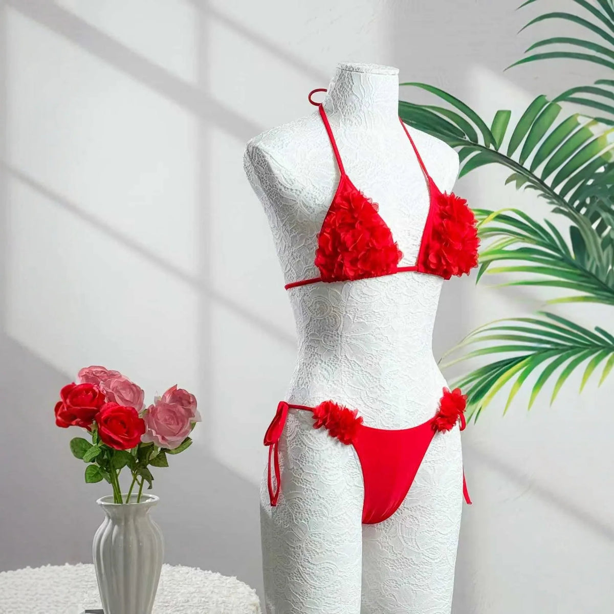 Women's Erotic Naughty Lingerie Sets Halter Neck 3D Mesh Flower Bra and Tie Up Thong