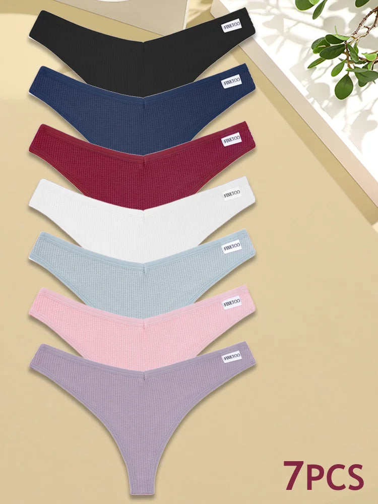 New 7Pcs Women Cotton Waffle Style G-string Panties Ladies Soft Thongs Female S-XL Low-Rise T-Back Panties Bikini Underwear 2024