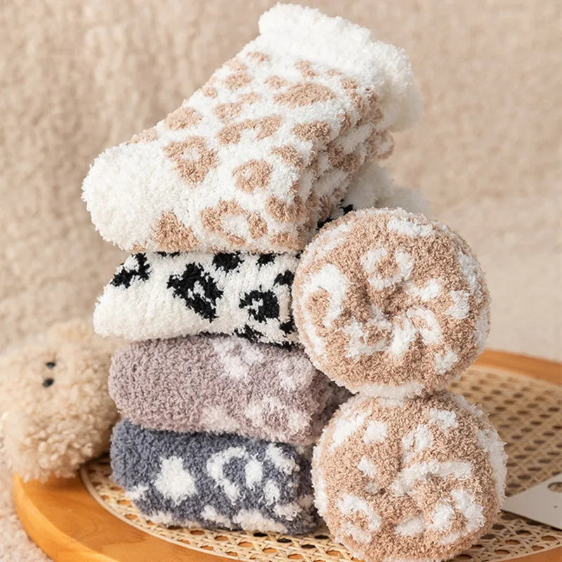 Fashion Coral Fleece Thick Socks Women Foot Cute Leopard Sock Funny Girls Breathable Warm Casual Socks Winter