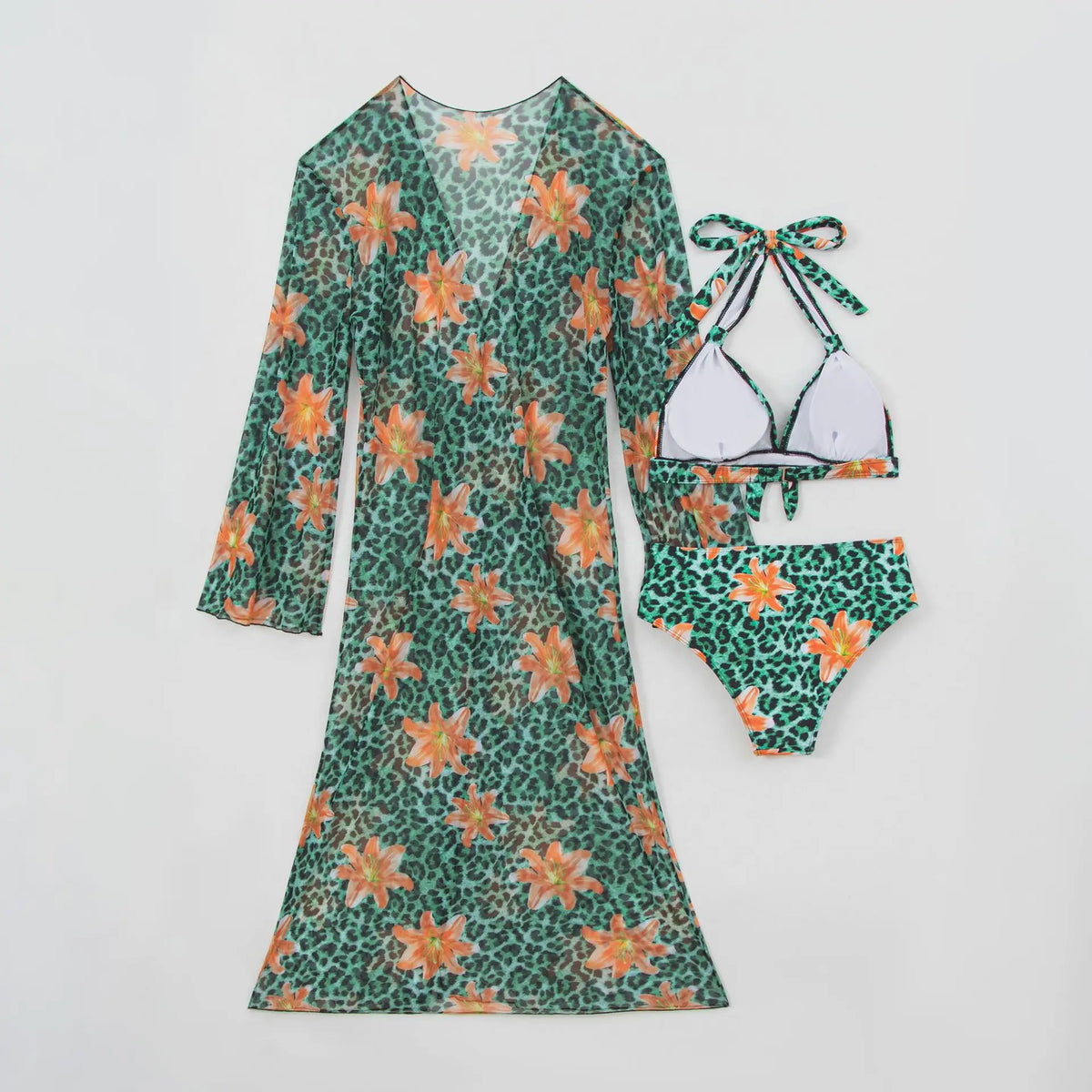 Blue Leopard Print Bikini Set Large Size Women Front Tie Push Up High Waist Swimsuit 2026 Long Sleeve Cover Up 3 Piece Swimsuit