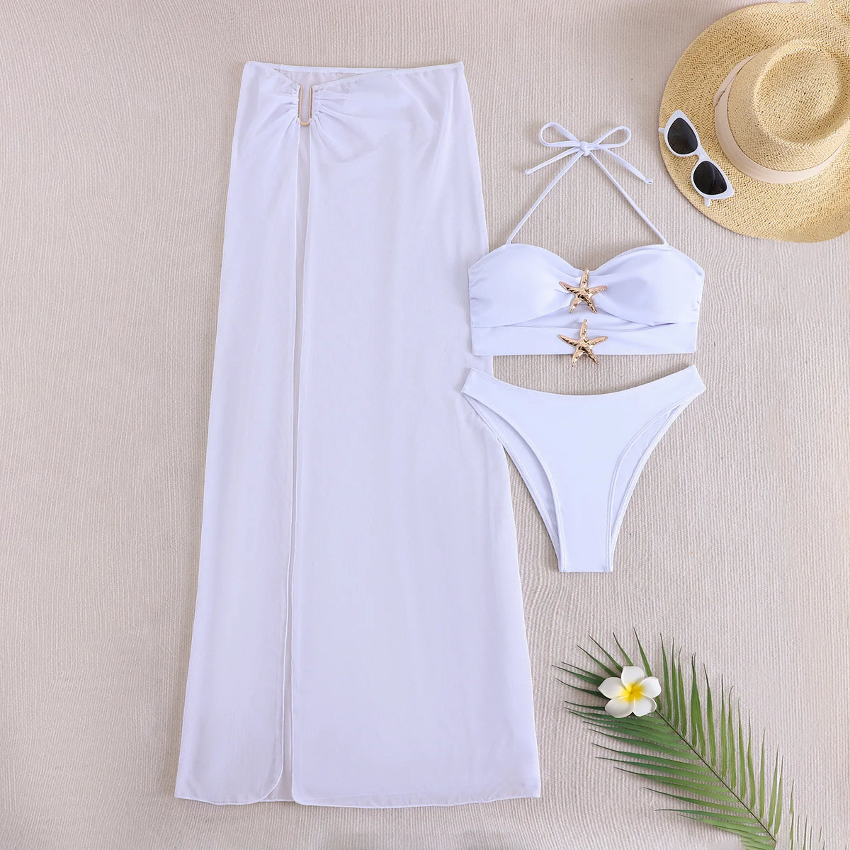 Vintage White Mesh Long Skirt 3 Piece Bikini Set 2026 Swimwear Women Metal Starfish Hollow Out Push Up Bra High Waist Swimsuit