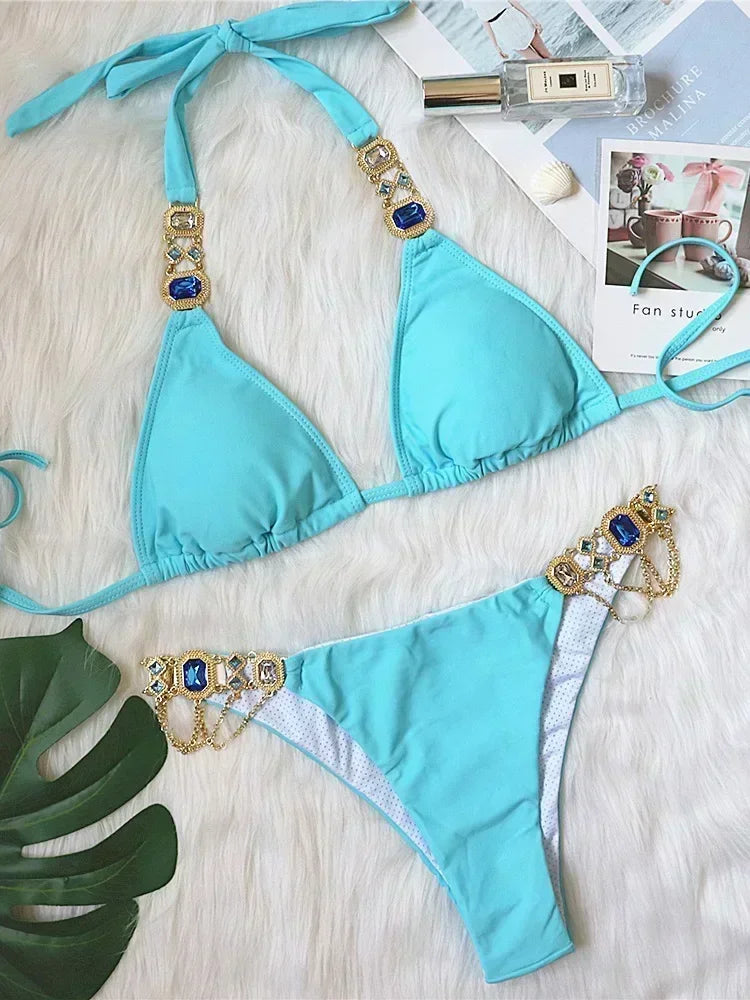 Halter Crystal Rhinestone Diamond Bikini 2026 Female Swimsuit Women Swimwear Two Pieces Bikini set Brazilian Bathing Suit Swim