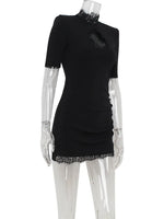 Ahagaga Sexy Sheath Women's Mini Dresses Solid Lace Turtleneck Slim Fit Bodycon Hollow Out Half Sleeves Streetwear Vestidos Robe