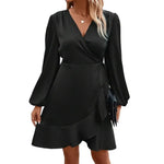 Smooth Satin Ruffle Trim Dress Women Mini Dress V-Neck Lantern Long Sleeve Side Lace-up Dress Solid Color