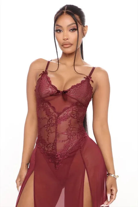 Sexy Long Underwear Dresses for Women Lace SeeThrough Nightgown Erotic Ladies Lingerie Sleepwear Nightgown