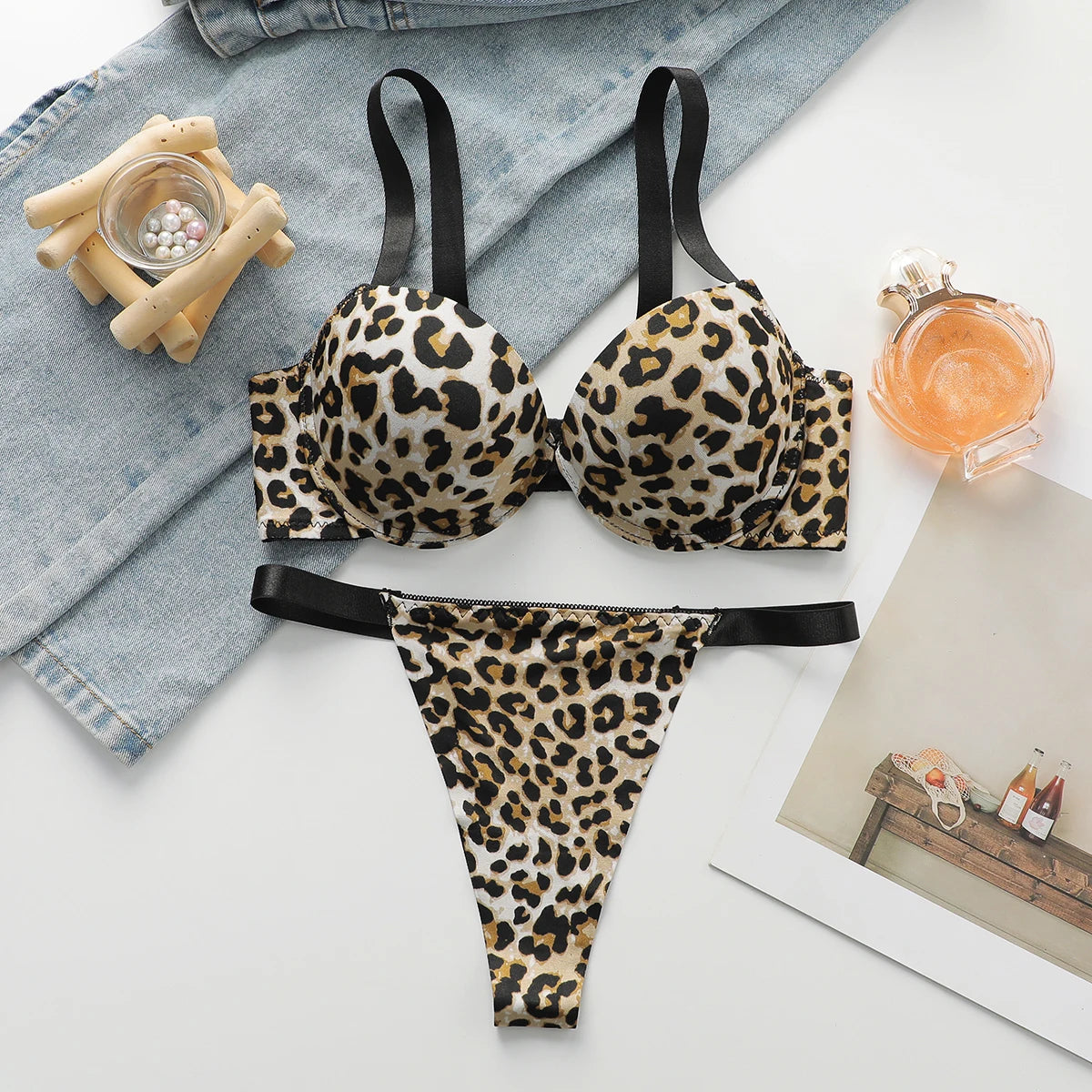 Sexy leopard print 2-piece set with gathered lifting and thickened steel support bra set for women's underwear B2051