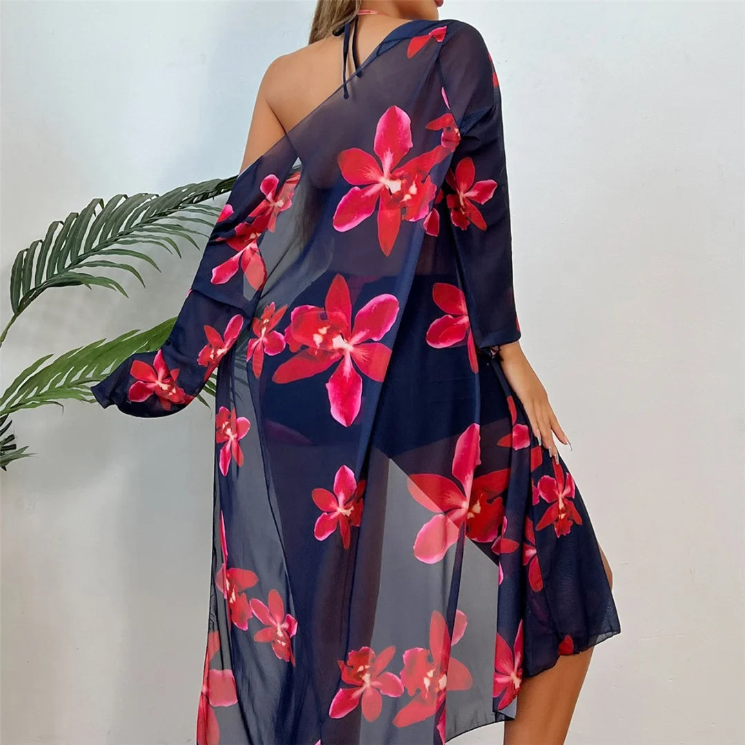S - XL Long Sleeve Cover Up Flowers Bikini Female Swimsuit Three-Pieces Bikini Set Women Swimwear Bather Bathing Suit Swim V7232