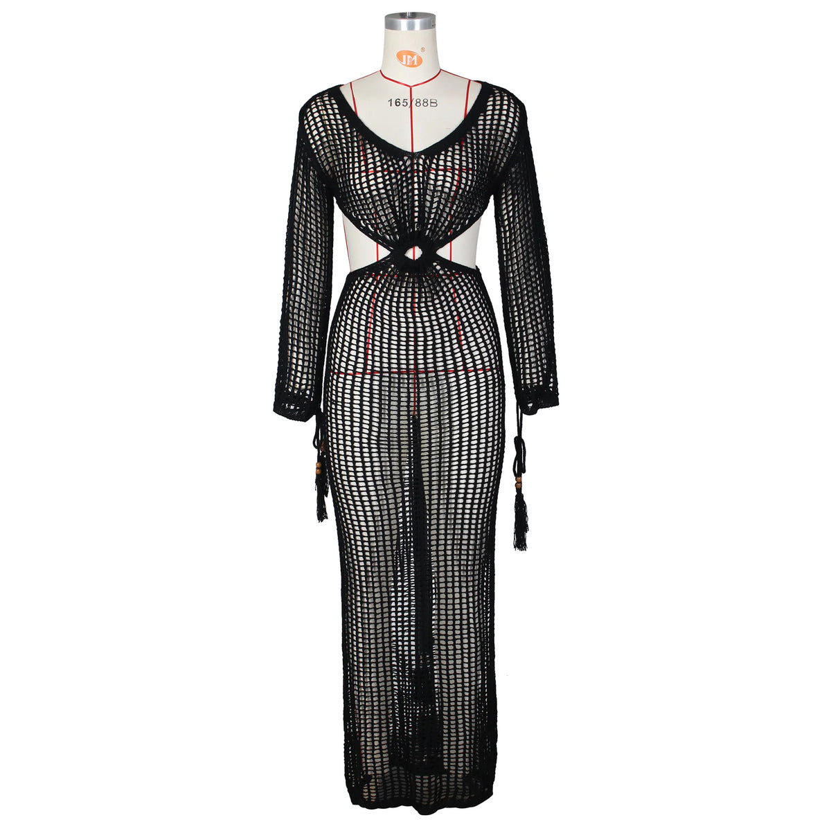DEKA New Sexy Knit Mesh Cut Out Deep V Neck Long-sleeve Lace-up Fringe Tunic Summer Women Swimsuit Cover-ups Beach Maxi Dress