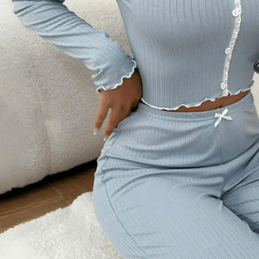 Womens Lace Trim Ribbed Knit Pajamas Set Long Sleeve Crop Top Wide Leg Pants Lounge Set 2 Piece Sleepwear