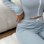 Womens Lace Trim Ribbed Knit Pajamas Set Long Sleeve Crop Top Wide Leg Pants Lounge Set 2 Piece Sleepwear