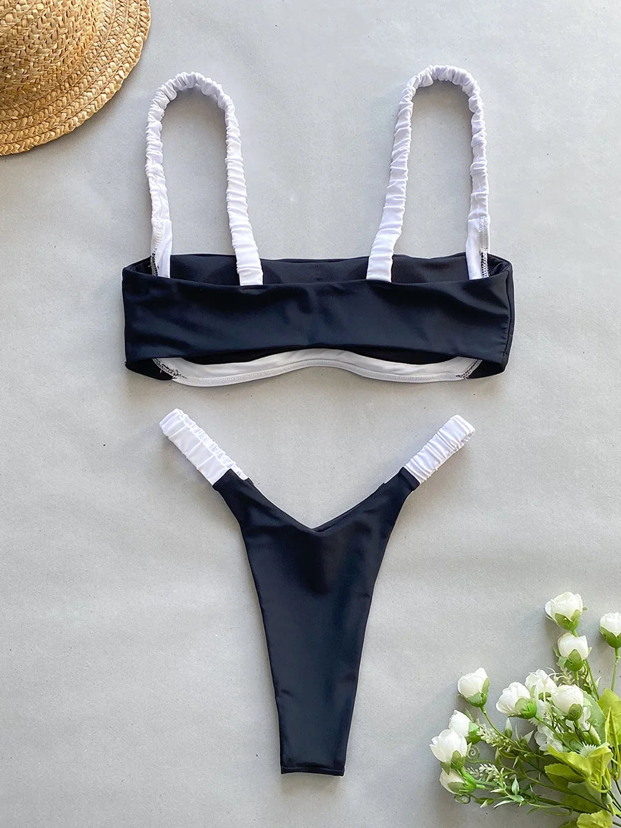 Splicing Micro Thong Bikini Women Bandeau Swimwear Female Swimsuit Two-pieces Bikini Set High Cut Bather Bathing Suit Swim Lady