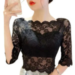 Women Summer Cropped Tops See-through Embroidery Lace Top One-word Collar Half Sleeve Blouse Pullover Tops