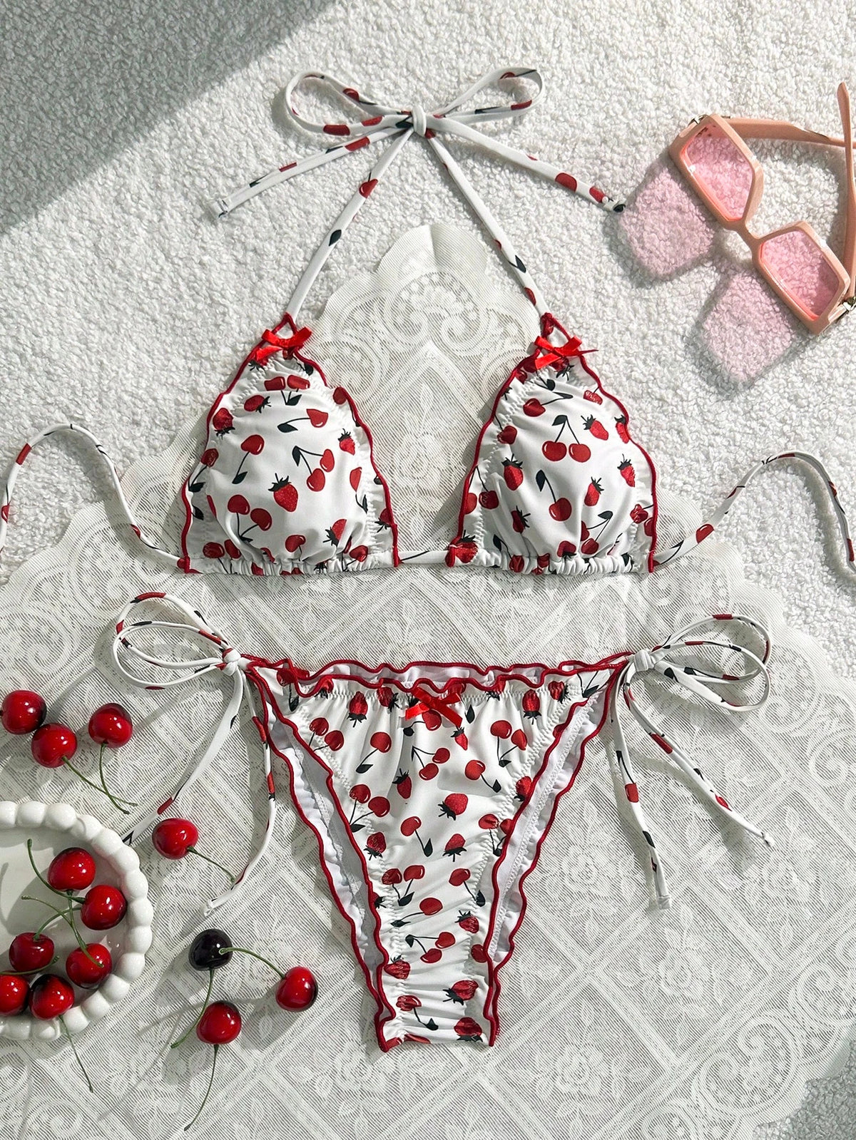 Triangle Halter String Bikinis 2026 Women Sexy Ruffle Swimsuit Solid Cherry Swimwear Female Bathers Bathing Swimming Swim Suit