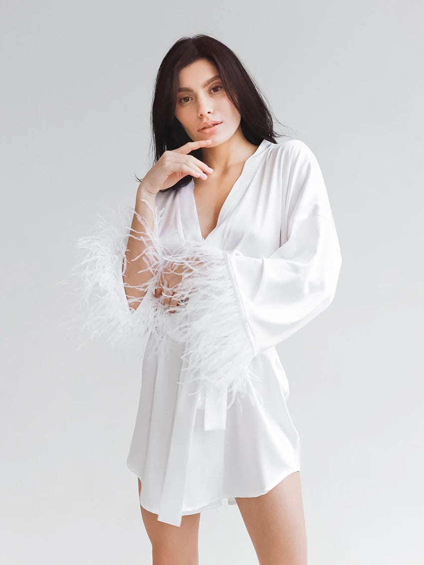 Veer Badjassen Satin Sexy Mini Jurk Lange Mouwen Losse Gowns Voor Vrouwen Gewaad Witte Trouwjurk Zwart Bruid Jurken