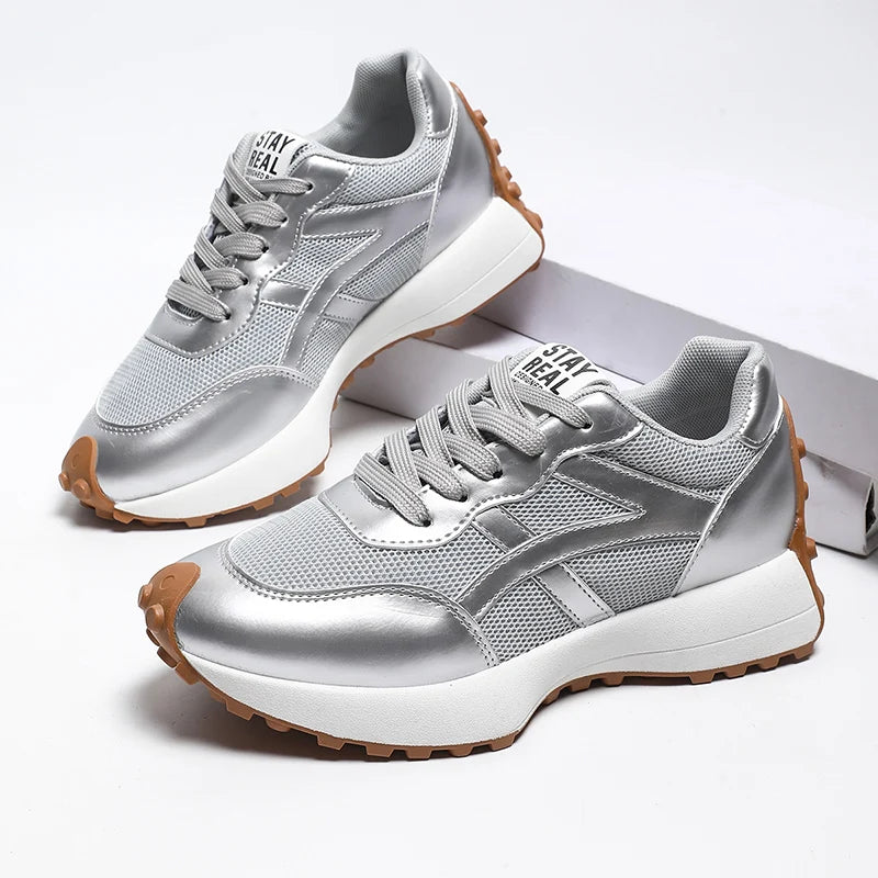 Fashion Thick Sole Silver Sneakers Women 2026 Plus Size 43 Breathable Platform Sport Shoes Woman Anti Slip Lace Up Running Shoes