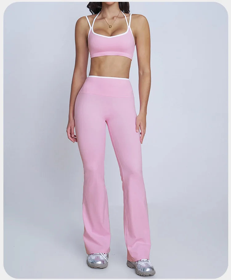 Tight Naked Yoga Shorts Suit Women Double Strap Sports Bra High Waist Flare Leggings Fitness Suit Gym Running Workout Clothes