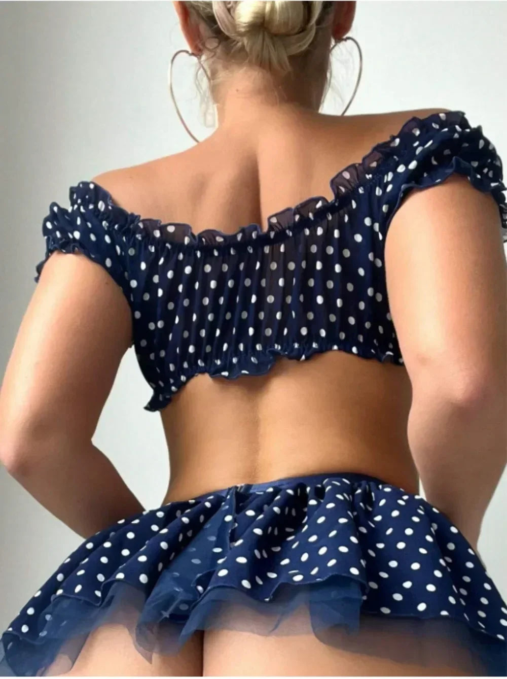 Women's EroticShort Skirt with Garter Straps Sexy Lingerie Women Sexy Polka Dot Off Shoulder Puffy Skirt PolkaExotic Set